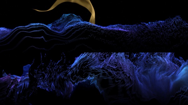 Summit generative terrain with blue and purple particle waves and golden accent