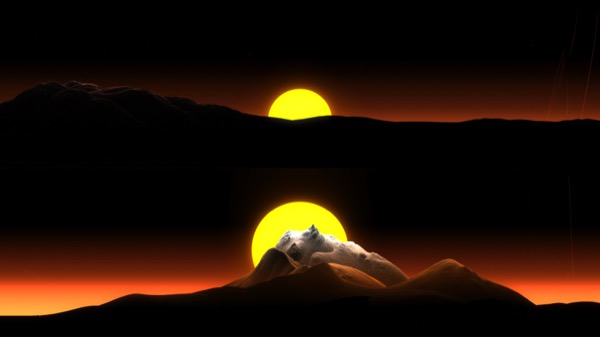 Summit generative sunset landscape with golden sun behind mountain silhouettes